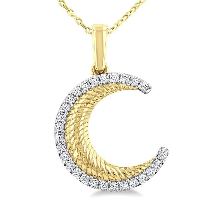 1/5 Ctw Spiral Textured Crescent Moon Round Cut Diamond Pirouette Fashion Pendant With Chain in 10K Yellow Gold