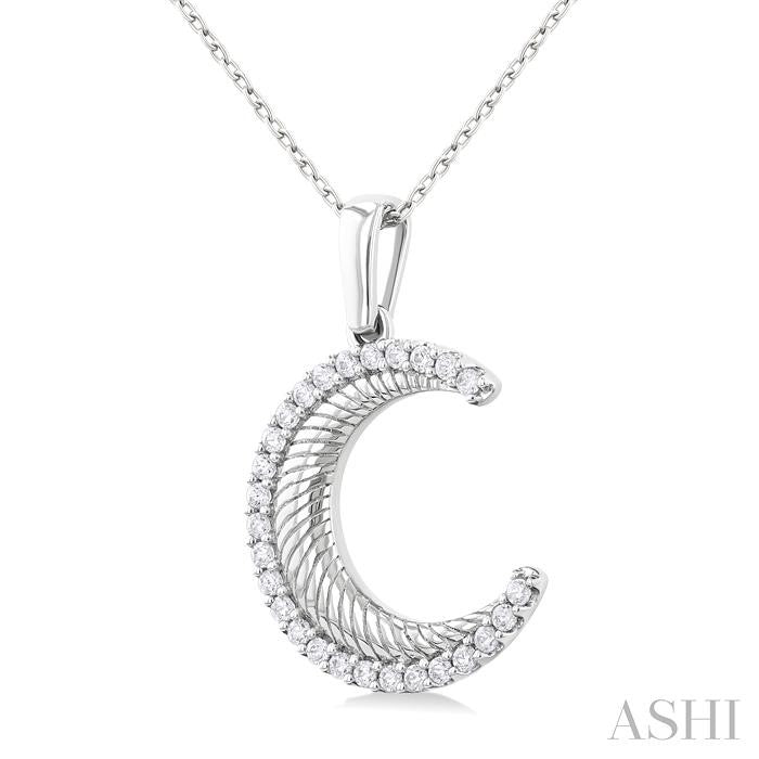 1/5 Ctw Spiral Textured Crescent Moon Round Cut Diamond Pirouette Fashion Pendant With Chain in 14K White Gold
