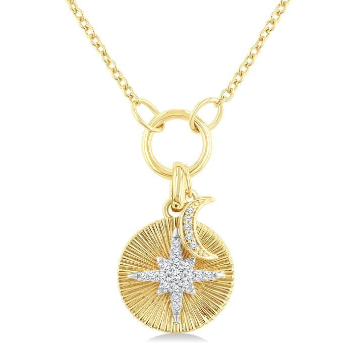 1/8 Ctw Crescent Moon & Star Charm Fluted Round Cut Diamond Fashion Pendant With Chain in 10K Yellow and White Gold