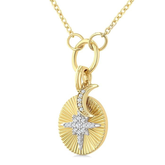1/8 Ctw Crescent Moon & Star Charm Fluted Round Cut Diamond Fashion Pendant With Chain in 10K Yellow and White Gold