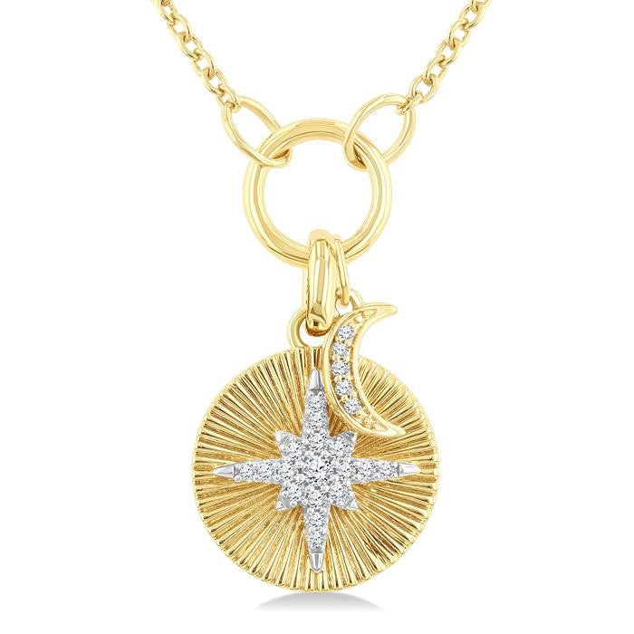 1/8 Ctw Crescent Moon & Star Charm Fluted Round Cut Diamond Fashion Pendant With Chain in 10K Yellow and White Gold