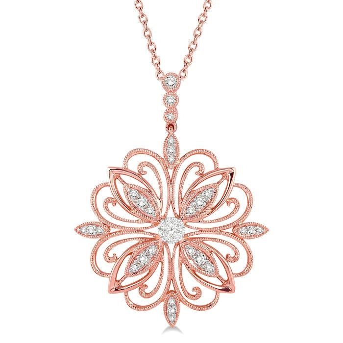 1/3 Ctw Lattice Floral Pattern Shine Bright Round Cut Diamond Pendant With Chain in 14K Rose and White Gold