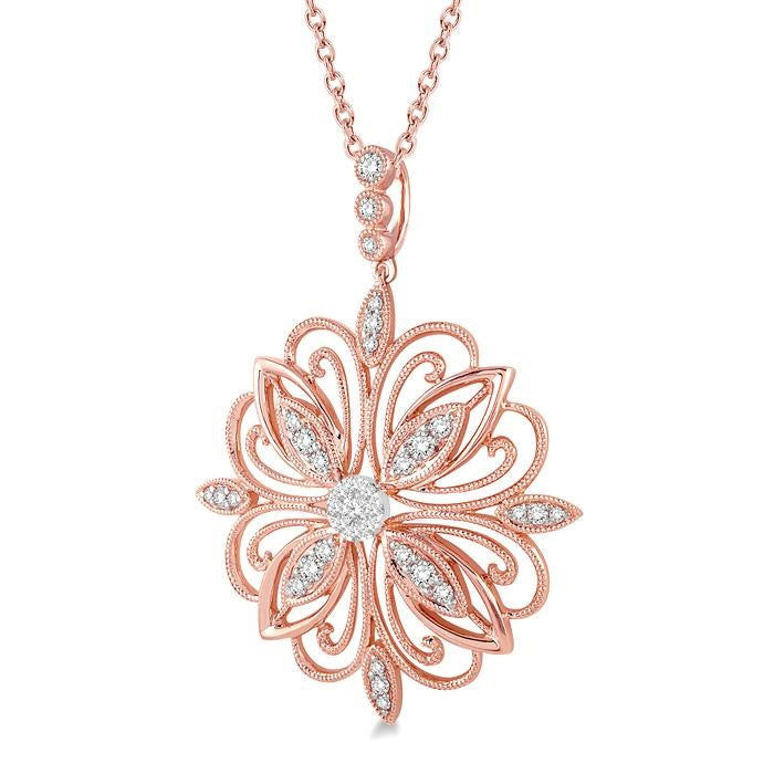1/3 Ctw Lattice Floral Pattern Shine Bright Round Cut Diamond Pendant With Chain in 14K Rose and White Gold