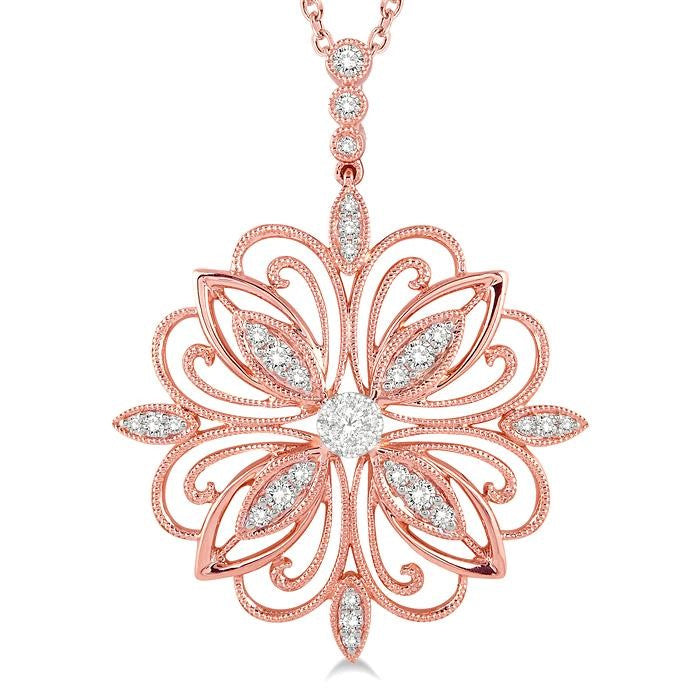 1/3 Ctw Lattice Floral Pattern Shine Bright Round Cut Diamond Pendant With Chain in 14K Rose and White Gold