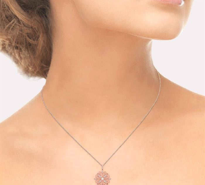 1/3 Ctw Lattice Floral Pattern Shine Bright Round Cut Diamond Pendant With Chain in 14K Rose and White Gold