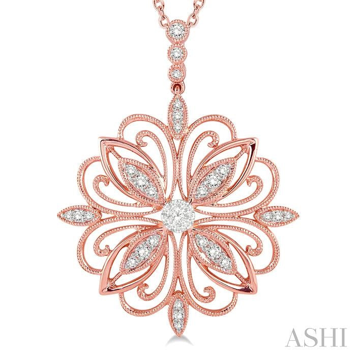 1/3 Ctw Lattice Floral Pattern Lovebright Round Cut Diamond Pendant With Chain in 14K Rose and White Gold