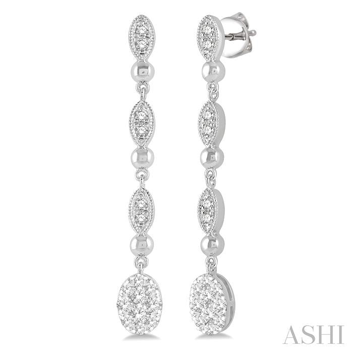 1/2 Ctw Oval Shine Bright and Marquise Motif Round Cut Diamond Fashion Long Earrings in 14K White Gold