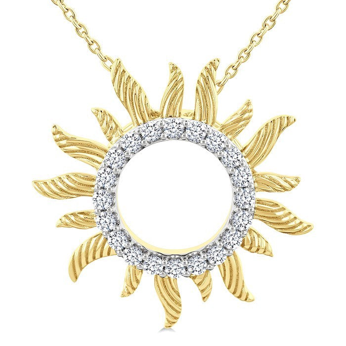 1/4 Ctw Textured Sunburst Round Cut Diamond Pirouette Fashion Pendant With Chain in 14K Yellow Gold