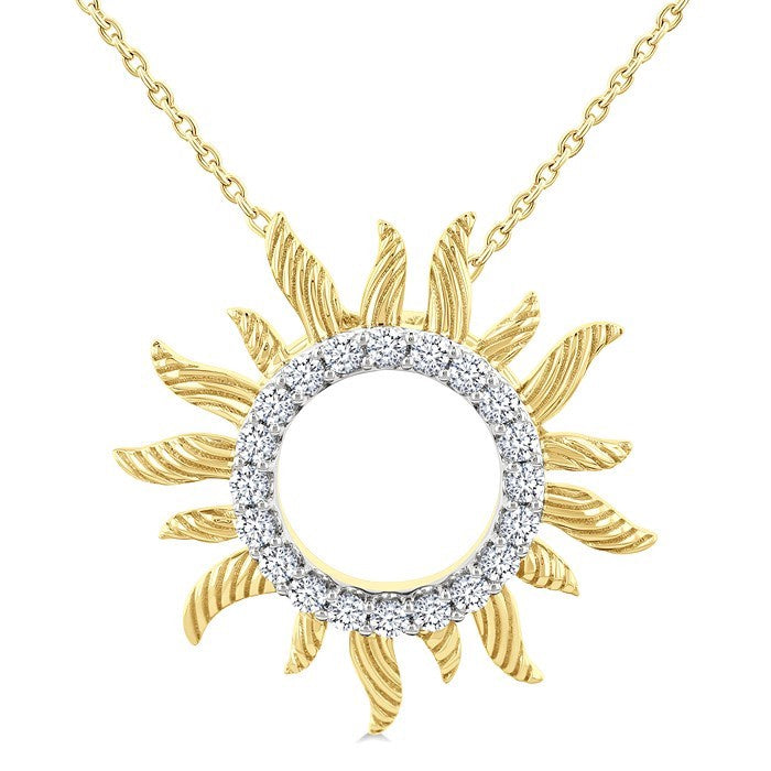 1/4 Ctw Textured Sunburst Round Cut Diamond Pirouette Fashion Pendant With Chain in 10K Yellow Gold