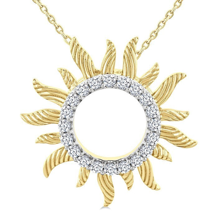 1/4 Ctw Textured Sunburst Round Cut Diamond Pirouette Fashion Pendant With Chain in 10K Yellow Gold