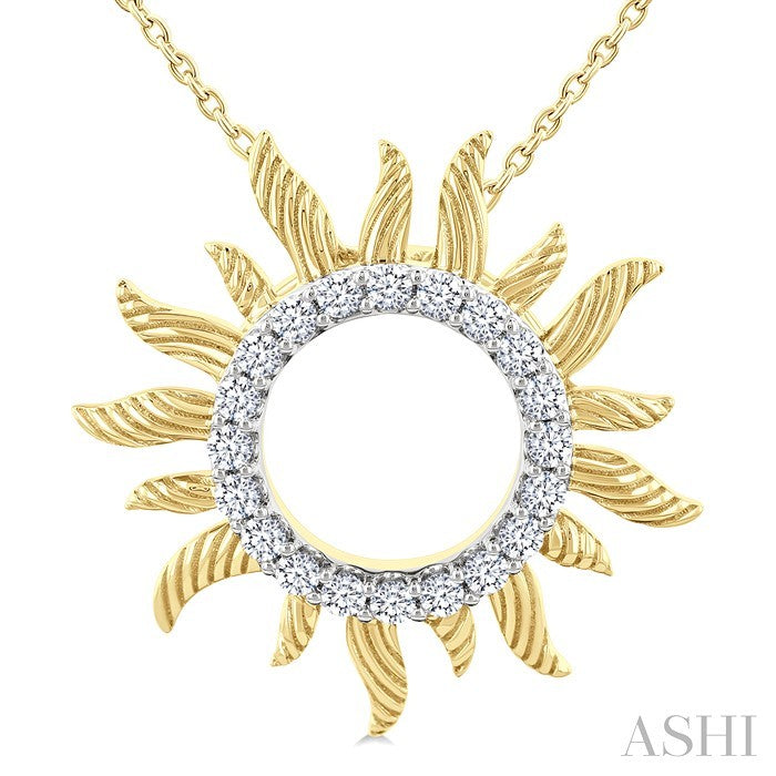 1/4 Ctw Textured Sunburst Round Cut Diamond Pirouette Fashion Pendant With Chain in 10K Yellow Gold