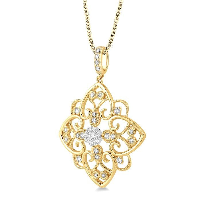 1/3 Ctw Floral Heart Shine Bright Round Cut Diamond Pendant With Chain in 14K Yellow and White Gold