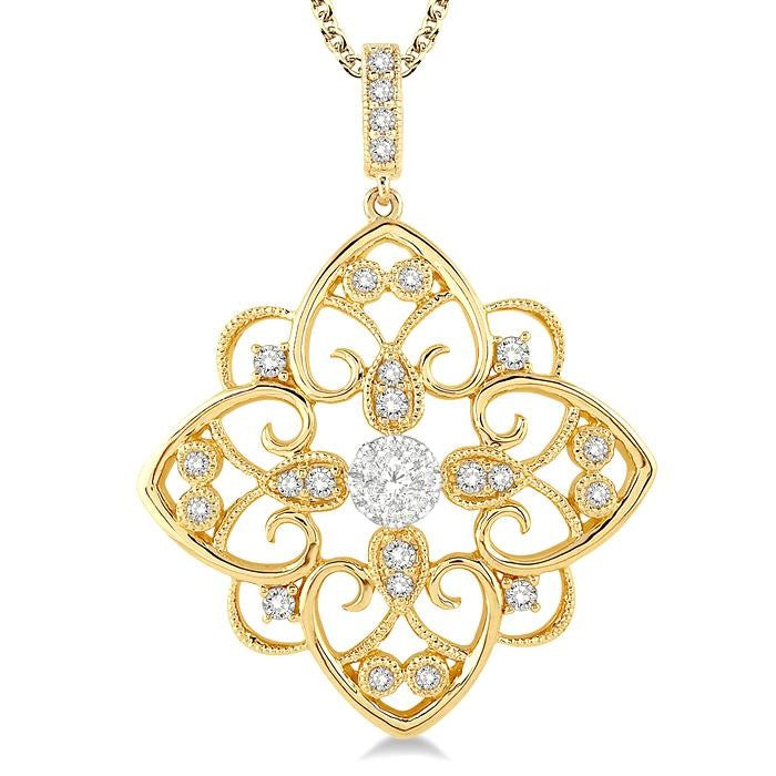 1/3 Ctw Floral Heart Shine Bright Round Cut Diamond Pendant With Chain in 14K Yellow and White Gold