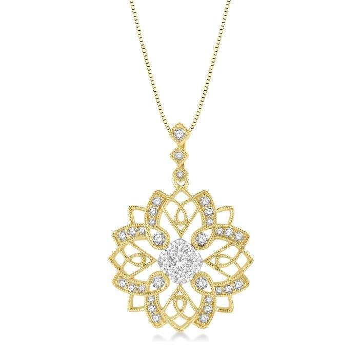 5/8 Ctw Floral Lattice Two Tone Cushion Shape Center Shine Bright Round Cut Diamond Pendant With Chain in 14K Yellow and White Gold