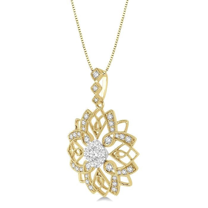 5/8 Ctw Floral Lattice Two Tone Cushion Shape Center Shine Bright Round Cut Diamond Pendant With Chain in 14K Yellow and White Gold