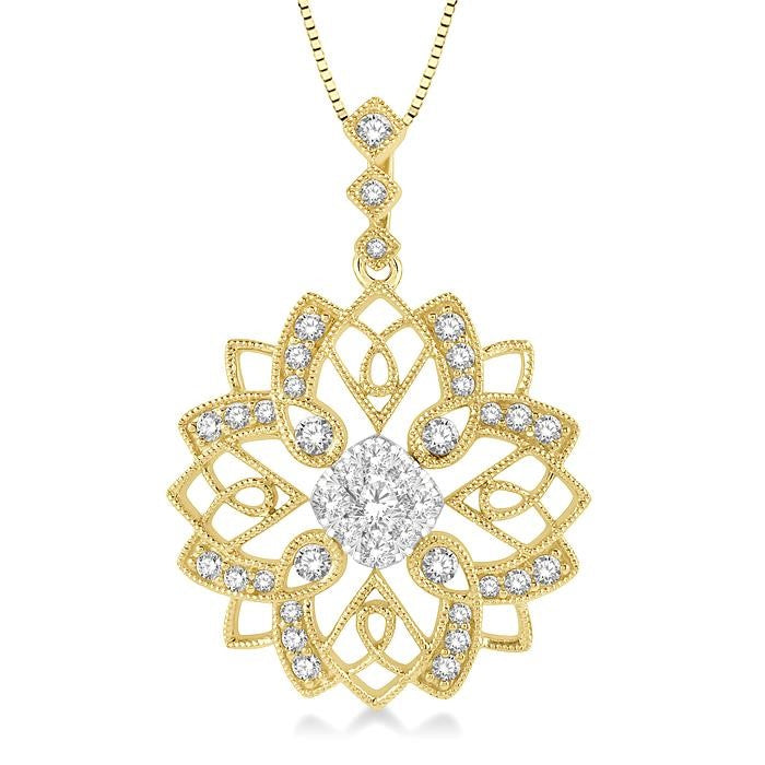 5/8 Ctw Floral Lattice Two Tone Cushion Shape Center Shine Bright Round Cut Diamond Pendant With Chain in 14K Yellow and White Gold