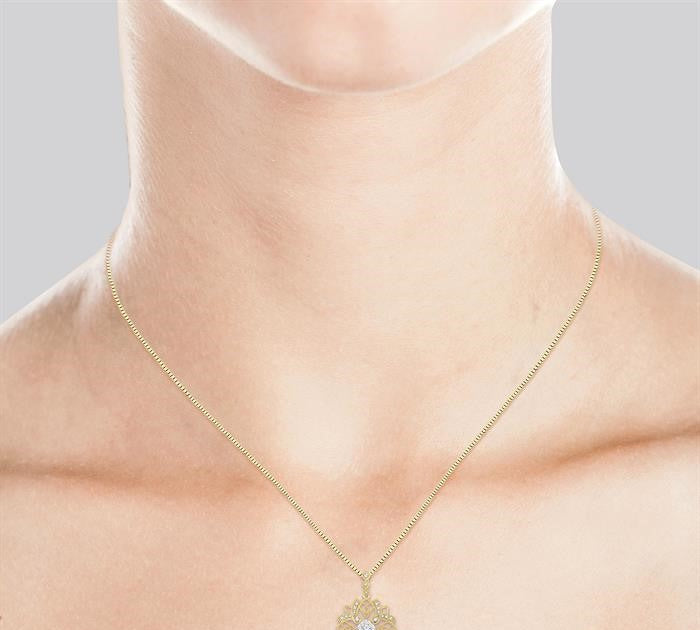 5/8 Ctw Floral Lattice Two Tone Cushion Shape Center Shine Bright Round Cut Diamond Pendant With Chain in 14K Yellow and White Gold