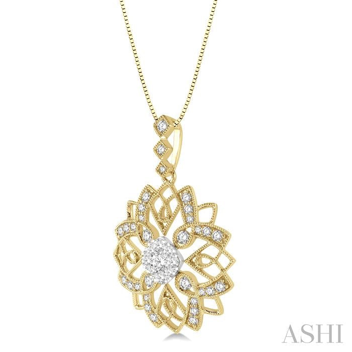 5/8 Ctw Floral Lattice Two Tone Cushion Shape Center Shine Bright Round Cut Diamond Pendant With Chain in 14K Yellow and White Gold