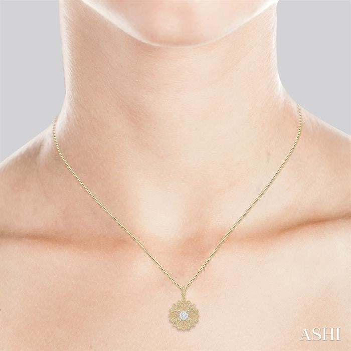 5/8 Ctw Floral Lattice Two Tone Cushion Shape Center Shine Bright Round Cut Diamond Pendant With Chain in 14K Yellow and White Gold