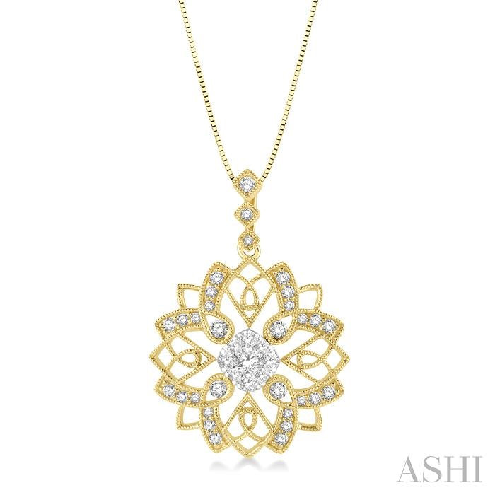 5/8 Ctw Floral Lattice Two Tone Cushion Shape Center Shine Bright Round Cut Diamond Pendant With Chain in 14K Yellow and White Gold