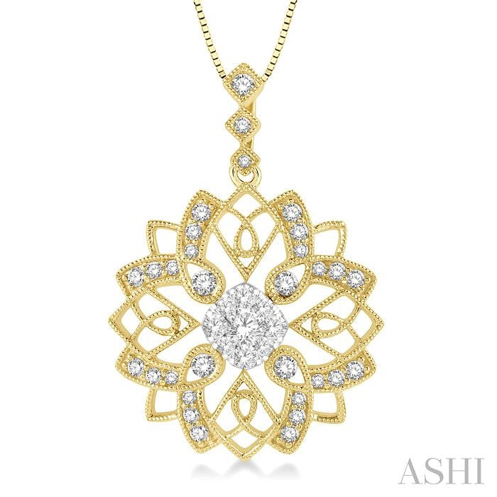 5/8 Ctw Floral Lattice Two Tone Cushion Shape Center Shine Bright Round Cut Diamond Pendant With Chain in 14K Yellow and White Gold
