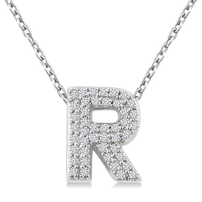 1/8 Ctw Bubble Accent Initial 'R' Round Cut Diamond Fashion Pendant With Chain in 10K White Gold