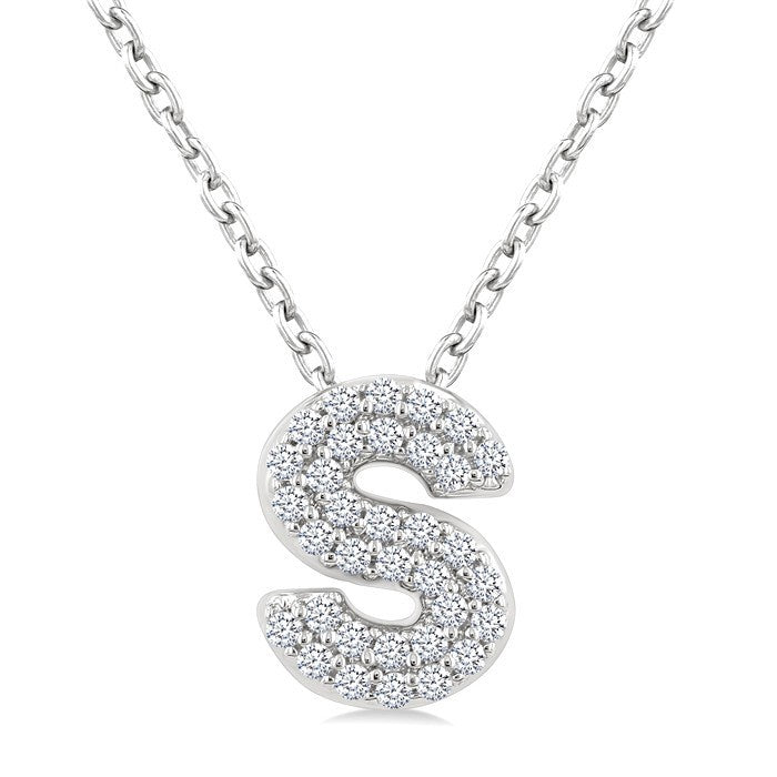 1/10 Ctw Bubble Accent Initial 'S' Round Cut Diamond Fashion Pendant With Chain in 10K White Gold