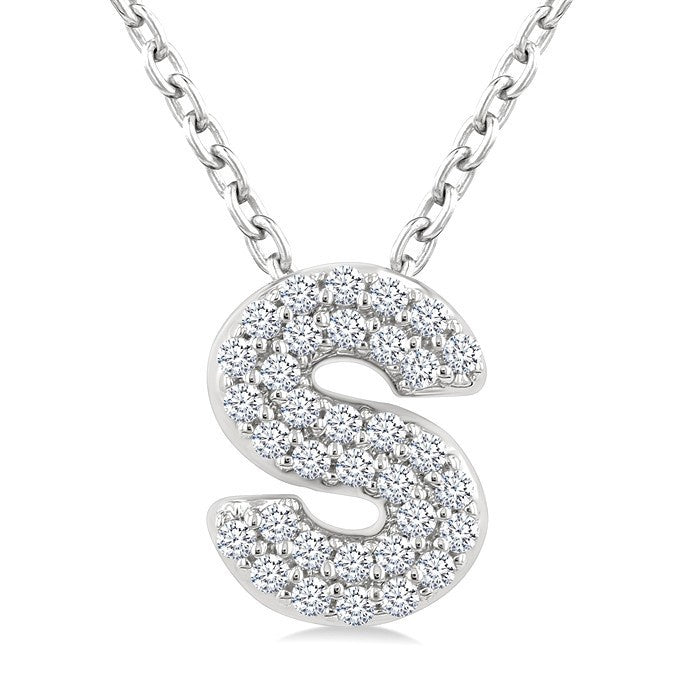1/10 Ctw Bubble Accent Initial 'S' Round Cut Diamond Fashion Pendant With Chain in 10K White Gold