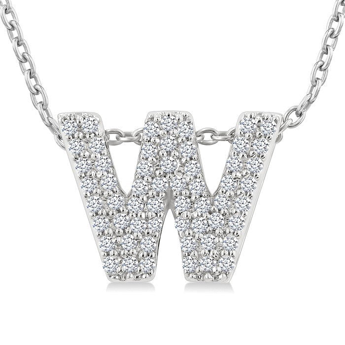 1/6 Ctw Bubble Accent Initial 'W' Round Cut Diamond Fashion Pendant With Chain in 10K White Gold