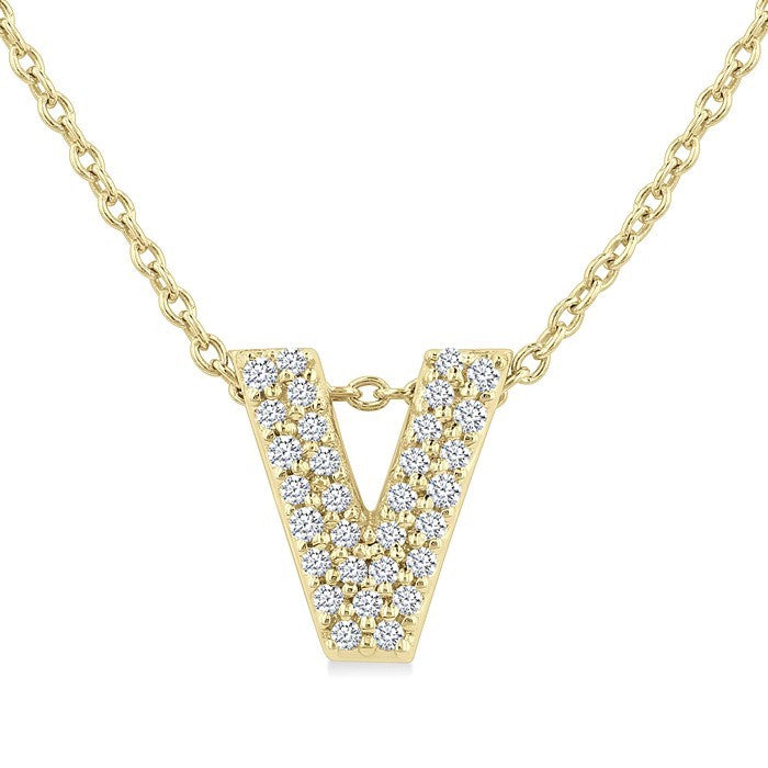 1/10 Ctw Bubble Accent Initial 'V' Round Cut Diamond Fashion Pendant With Chain in 10K Yellow Gold