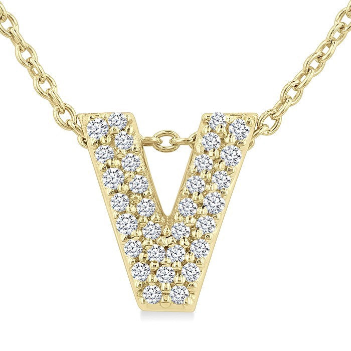 1/10 Ctw Bubble Accent Initial 'V' Round Cut Diamond Fashion Pendant With Chain in 10K Yellow Gold