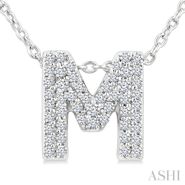 1/6 Ctw Bubble Accent Initial 'M' Round Cut Diamond Fashion Pendant With Chain in 10K White Gold