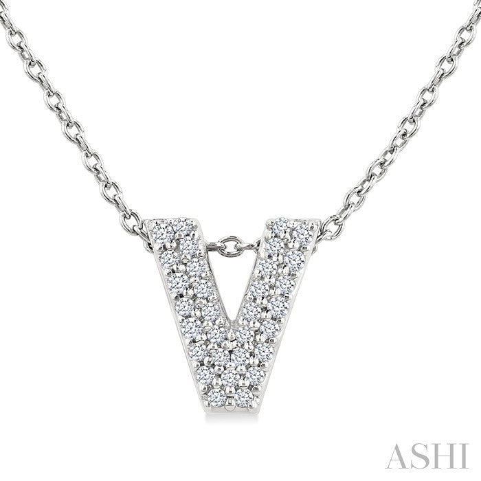 1/10 Ctw Bubble Accent Initial 'V' Round Cut Diamond Fashion Pendant With Chain in 10K White Gold