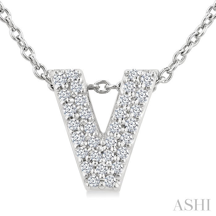 1/10 Ctw Bubble Accent Initial 'V' Round Cut Diamond Fashion Pendant With Chain in 10K White Gold
