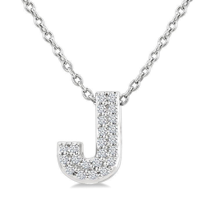 1/10 Ctw Initial 'J' Round Cut Diamond Fashion Pendant With Chain in 10K White Gold
