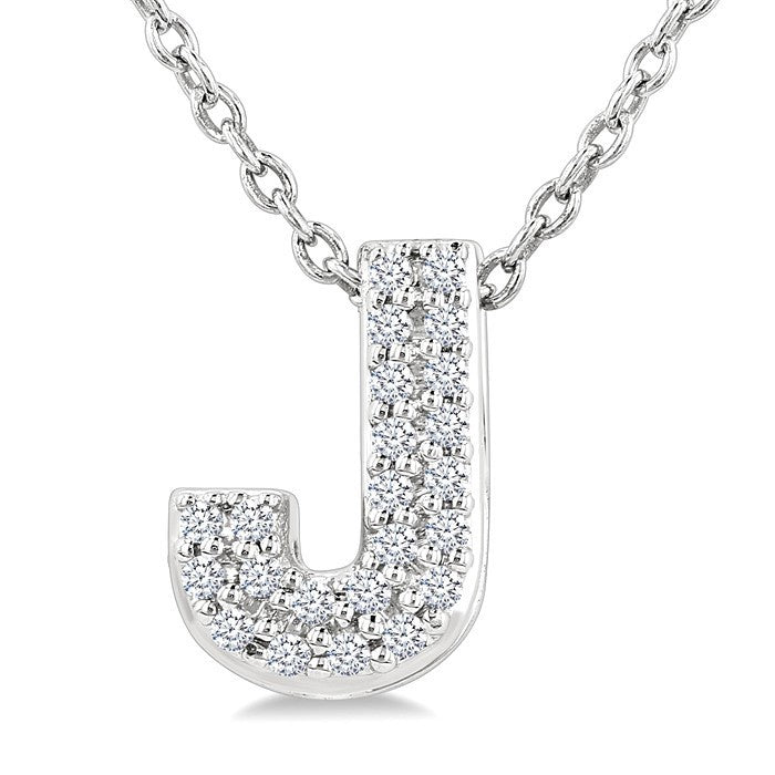 1/10 Ctw Initial 'J' Round Cut Diamond Fashion Pendant With Chain in 10K White Gold