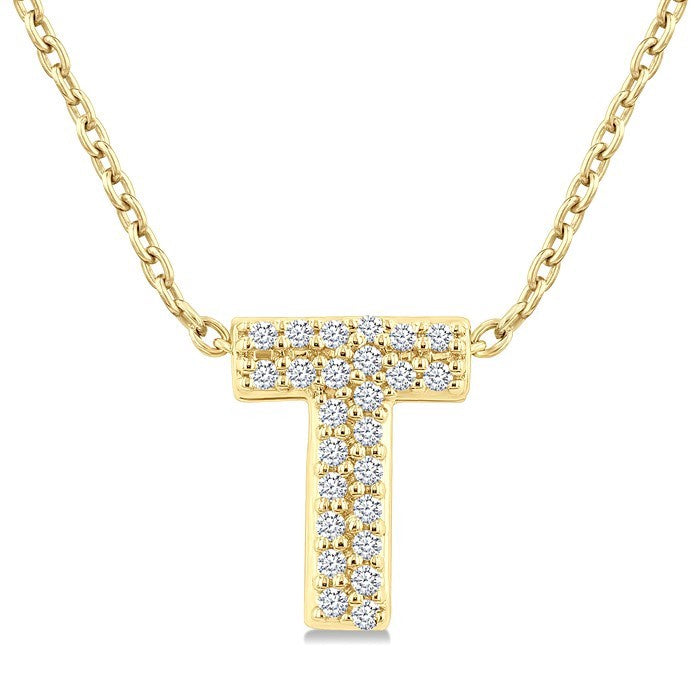 1/10 Ctw Initial 'T' Round Cut Diamond Fashion Pendant With Chain in 10K Yellow Gold