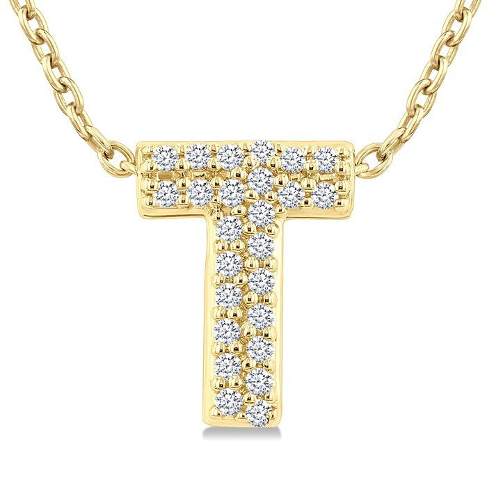 1/10 Ctw Initial 'T' Round Cut Diamond Fashion Pendant With Chain in 10K Yellow Gold