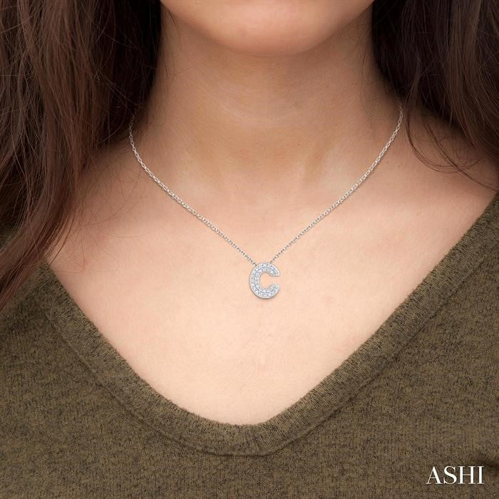 1/10 Ctw Initial 'C' Round Cut Diamond Fashion Pendant With Chain in 10K White Gold