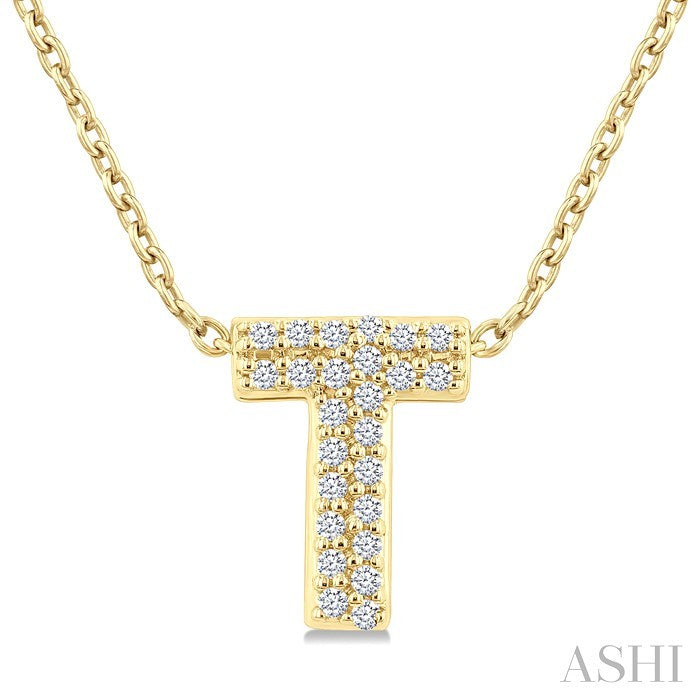 1/10 Ctw Initial 'T' Round Cut Diamond Fashion Pendant With Chain in 10K Yellow Gold