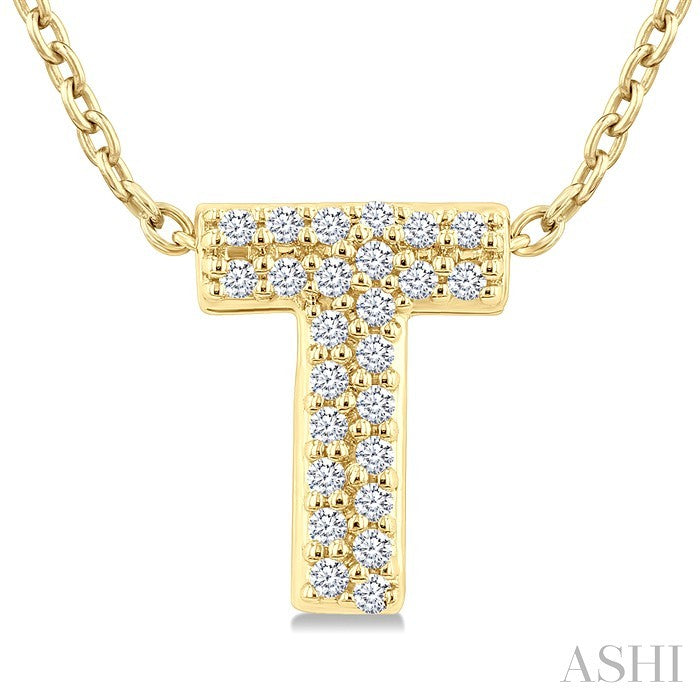 1/10 Ctw Initial 'T' Round Cut Diamond Fashion Pendant With Chain in 10K Yellow Gold