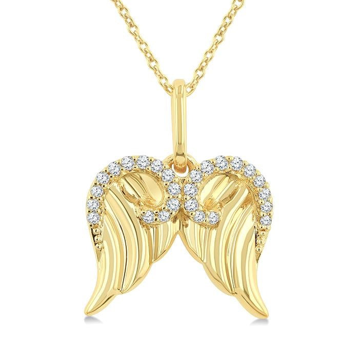 1/10 Ctw Fluted Texture Angel Wing Round Cut Diamond Pirouette Fashion Pendant With Chain in 10K Yellow Gold