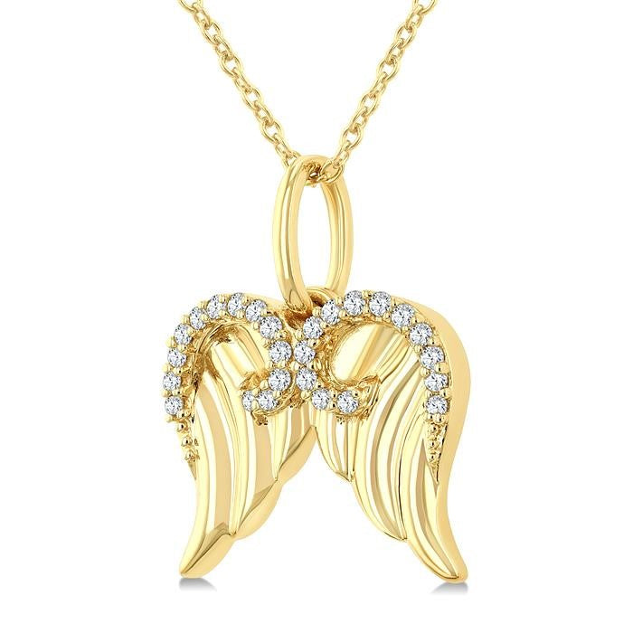 1/10 Ctw Fluted Texture Angel Wing Round Cut Diamond Pirouette Fashion Pendant With Chain in 10K Yellow Gold