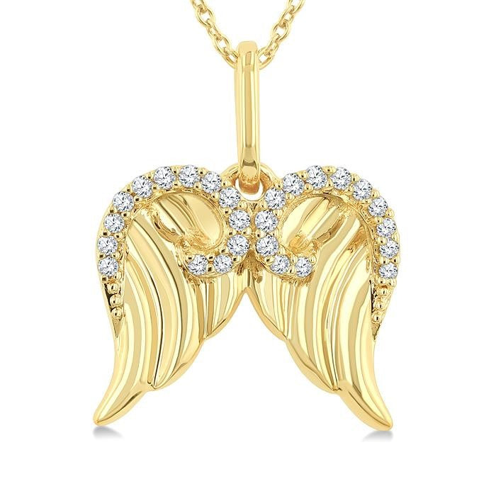 1/10 Ctw Fluted Texture Angel Wing Round Cut Diamond Pirouette Fashion Pendant With Chain in 10K Yellow Gold