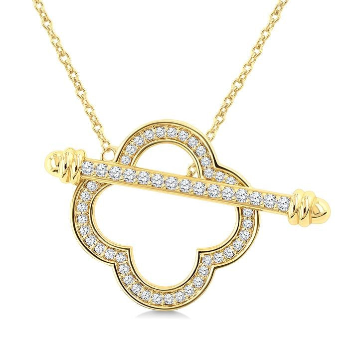 1/3 Ctw Clover Frame Round Cut Diamond Fashion Toggle Necklace in 10K Yellow Gold