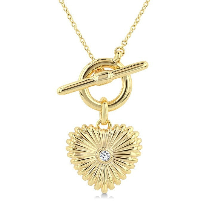 1/50 Ctw Bezel Set Round Cut Diamond Pirouette Fluted Heart Charm Toggle Fashion Necklace in 10K Yellow Gold