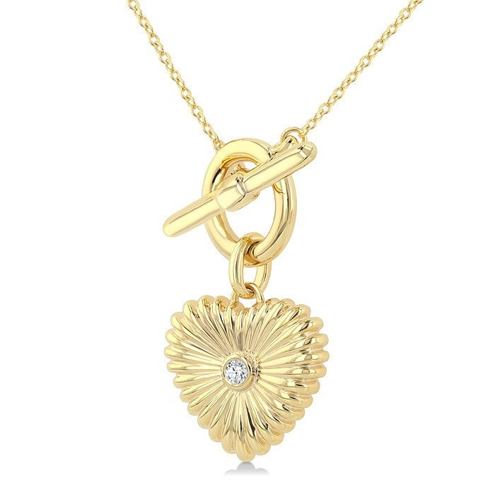 1/50 Ctw Bezel Set Round Cut Diamond Pirouette Fluted Heart Charm Toggle Fashion Necklace in 10K Yellow Gold