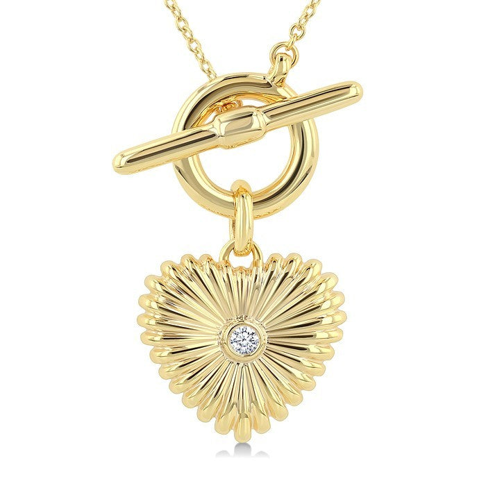1/50 Ctw Bezel Set Round Cut Diamond Pirouette Fluted Heart Charm Toggle Fashion Necklace in 10K Yellow Gold