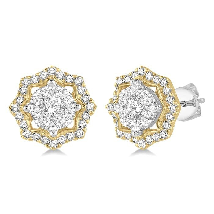 3/4 Ctw Star Lattice Shine Bright Round Cut Diamond Earrings in 14K White and Yellow Gold
