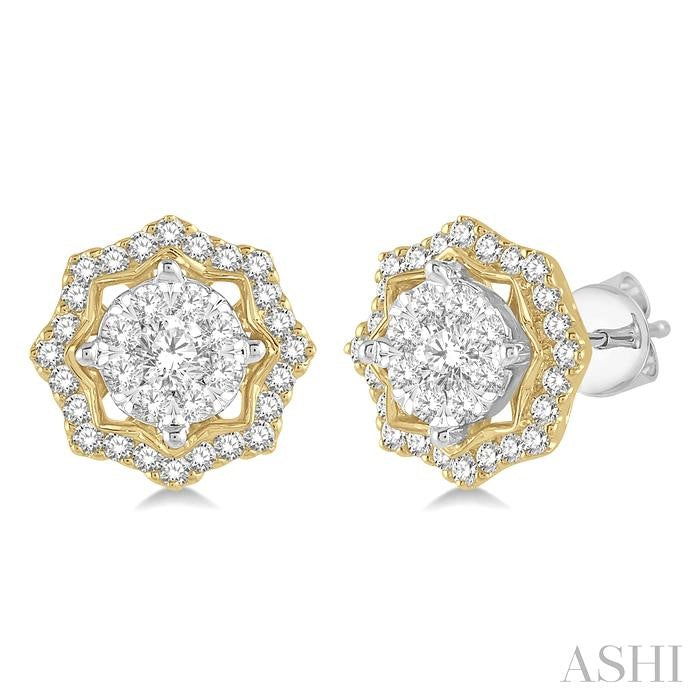 3/4 Ctw Star Lattice Shine Bright Round Cut Diamond Earrings in 14K White and Yellow Gold